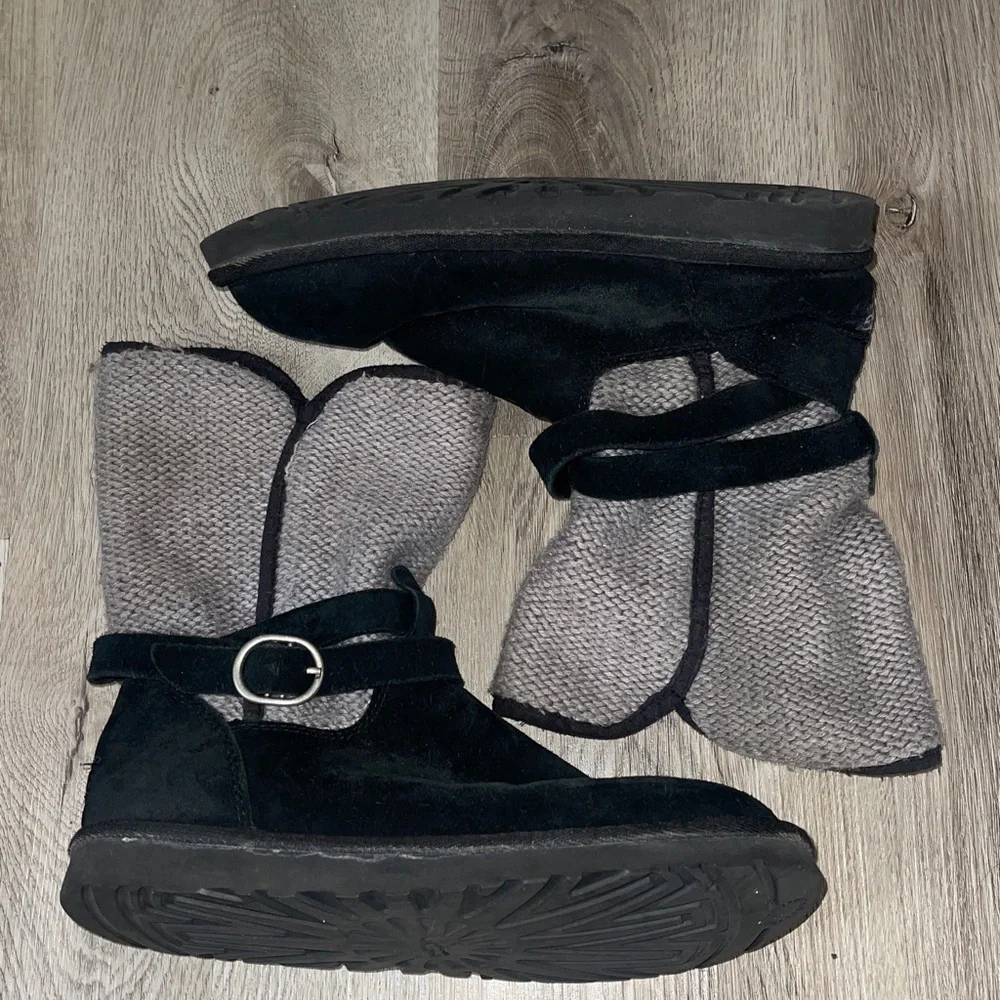 UGG Australia Nyla boots in black suede with a gray knit shaft and buckle strap